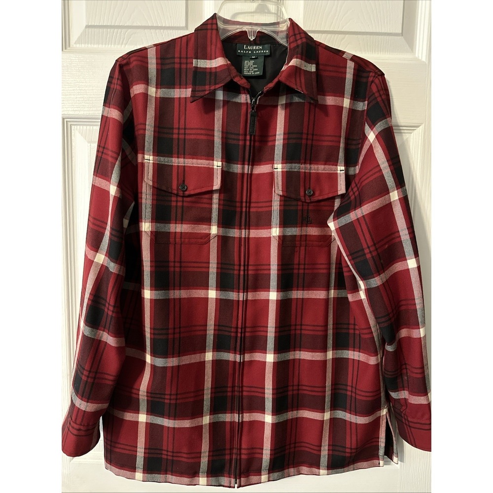 Lauren Ralph Lauren Pure New Wool Full Zip Red Shacket Plaid Shirt Jacket Medium